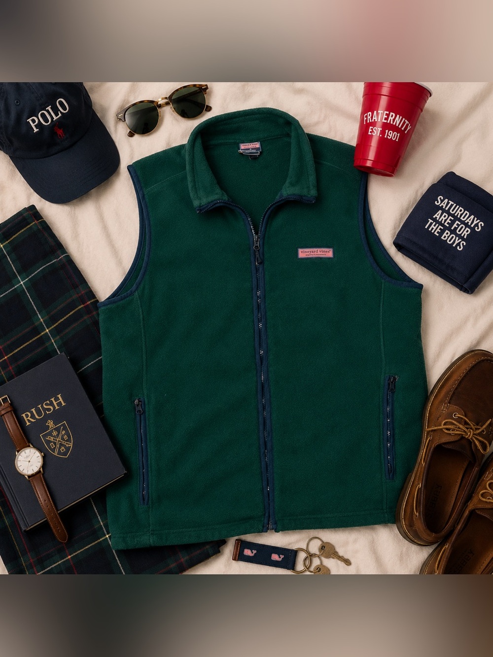 Vineyard Vines Forest Green Fleece Vest with Navy Trim Size Medium
